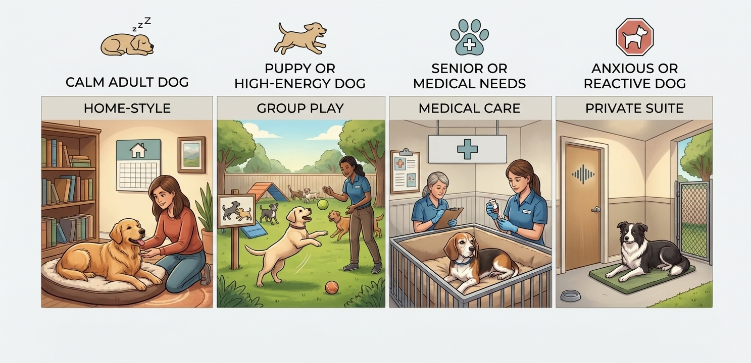 Decision chart showing when to choose a pet sitter or dog boarding based on trip length and dog temperament