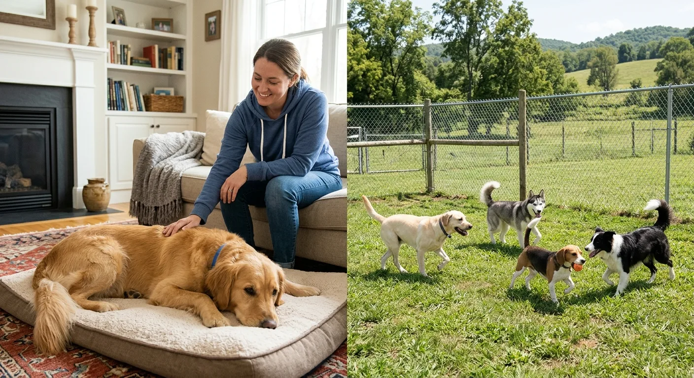 Split photo of a dog relaxing at home with a pet sitter and dogs playing together in a fenced farm pasture