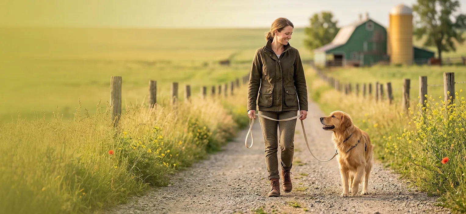 Dog walking calmly beside its owner on a loose leash along a gravel farm lane