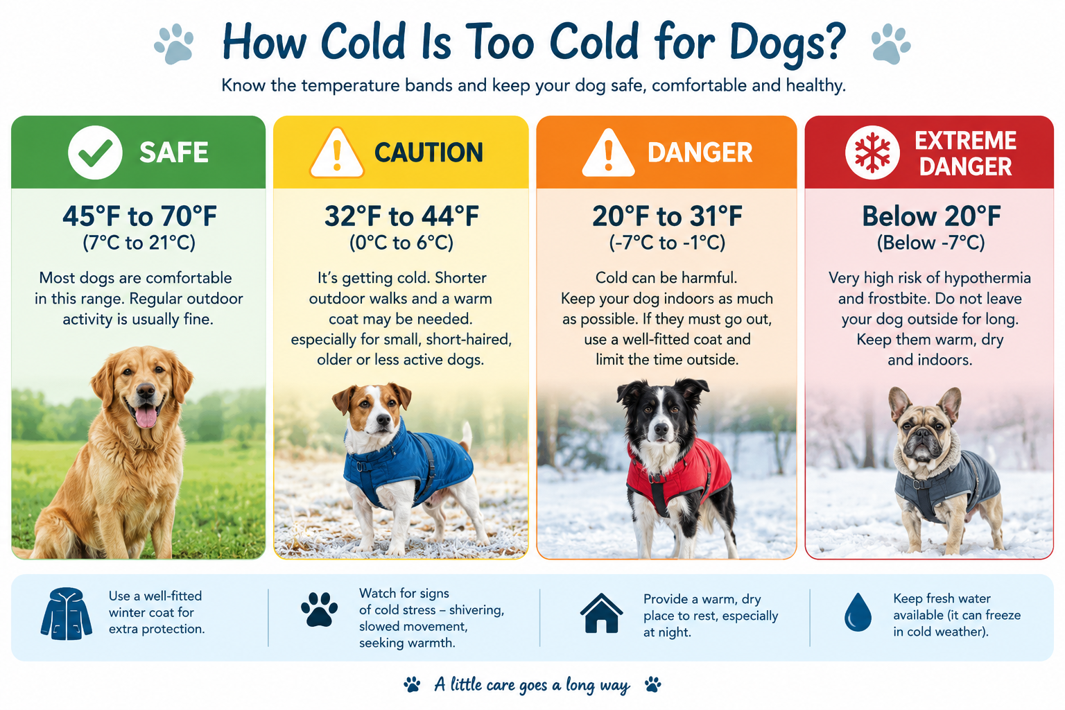 Color-coded chart showing safe, caution, and danger temperature ranges for dogs