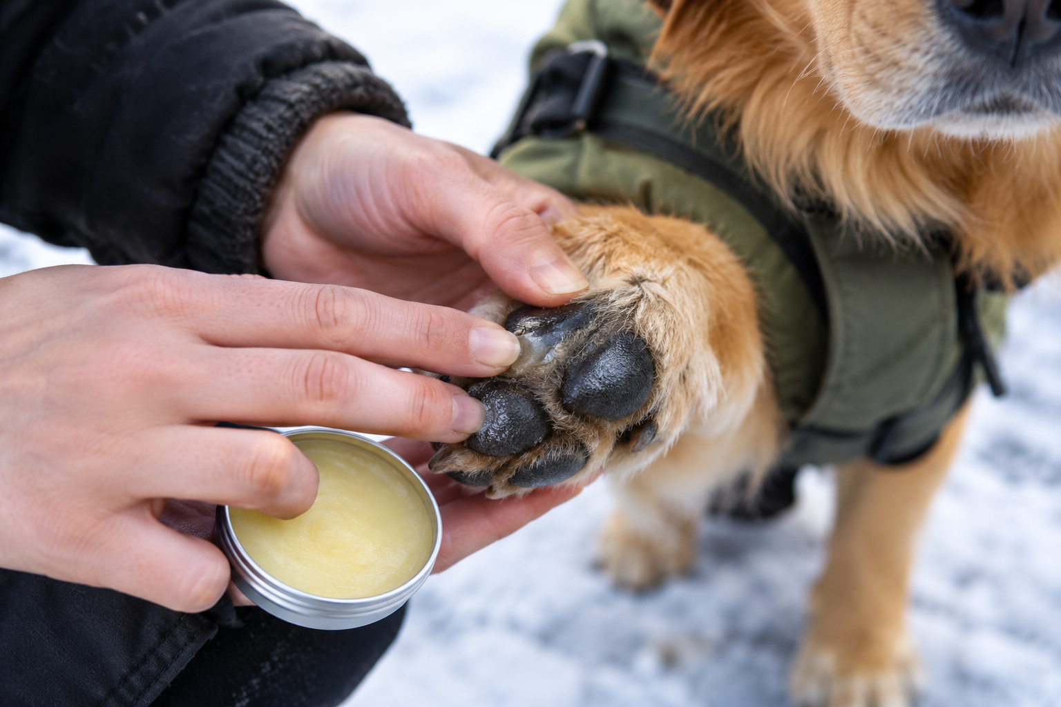 Hands applying a thin layer of dog paw balm to a dog's paw pad before a winter walk