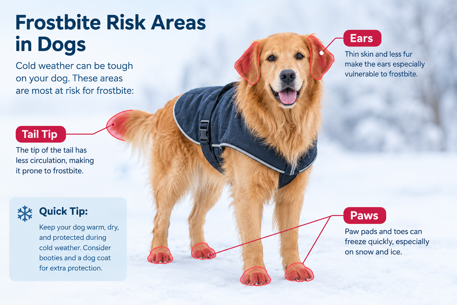 Diagram of a dog highlighting the ears, tail tip, and paws as the areas most prone to frostbite