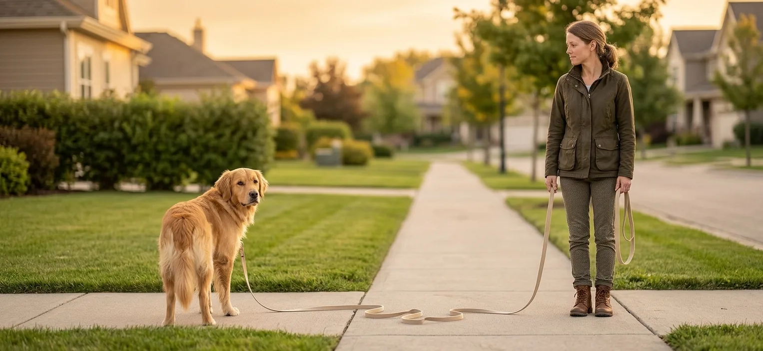 Owner standing still while a dog looks back and the leash goes slack during leash training