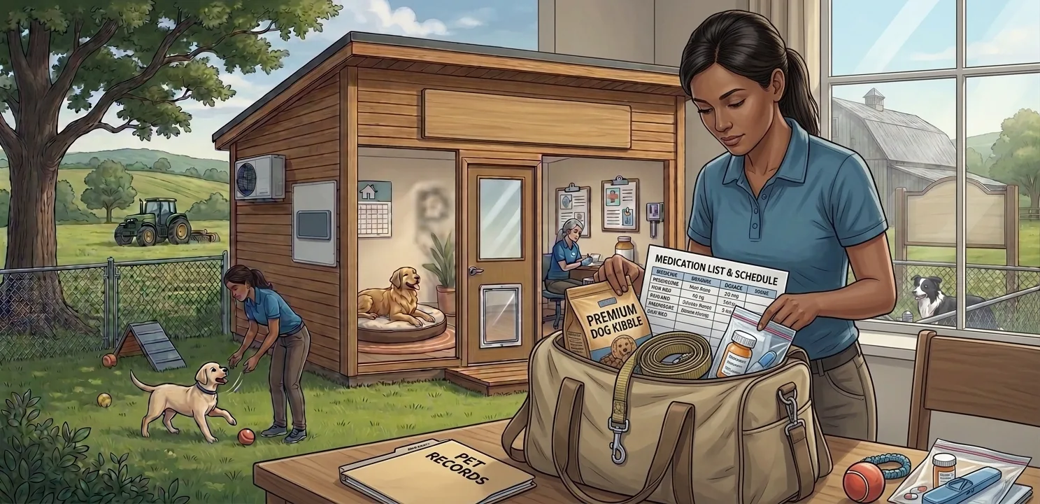 Dog owner packing food, a leash, and a medication list before leaving a dog for vacation