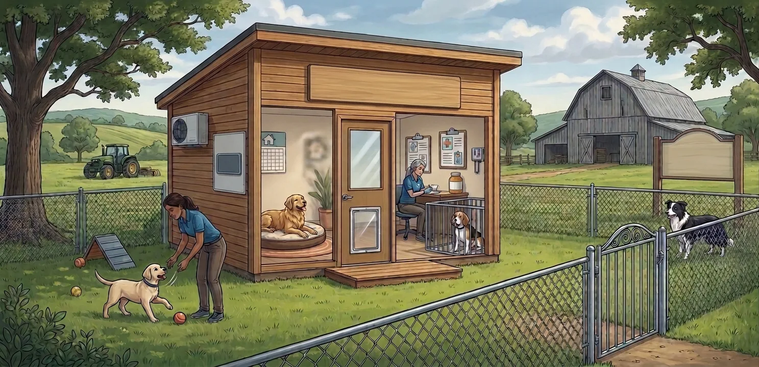 Insulated dog boarding cabin with a dog door opening onto a private fenced yard on a Virginia farm